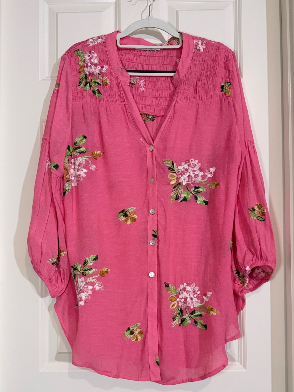 Women's Pink Floral Button-Down Blouse with Embroidered Accents